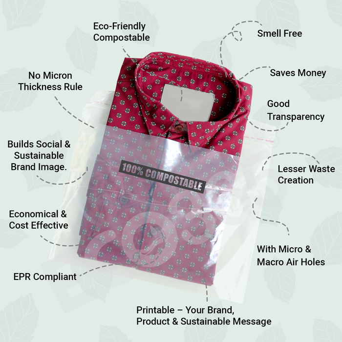 Compostable Transparent Flap Bags for Shirts, T-Shirts, Garments - (Size: 15"x15"+2"Flap, 20Micron)