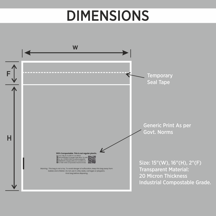 Compostable Transparent Flap Bag for Shirts, T-Shirts, Garments (Size: 15"x16"+2"Flap, 20Micron)