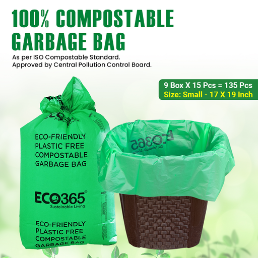 100% Compostable Garbage Bags - 17x19 Small (Certified By Govt, Pack of 9=135pcs) - ECO365